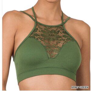 Zenana Green Detailed High Neck Lace Cutout Bralette Bra Pads Back Double Strap
